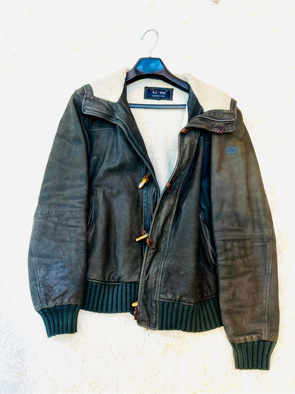 Armani Jeans Dark Brown Leather Sherpa Bomber Jacket